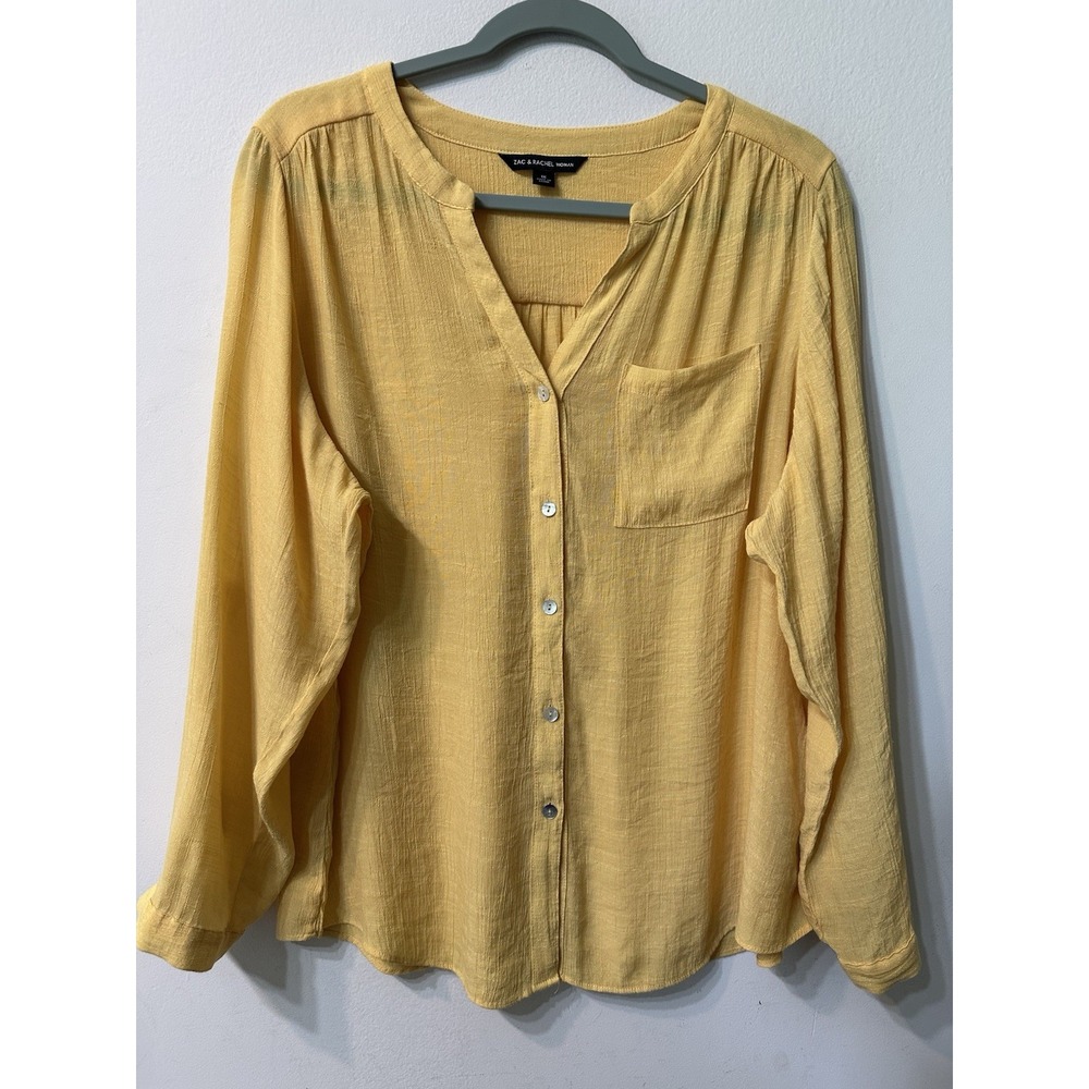 Zac & Rachel Women 1X Yellow Texture Blouse Roll Tab Sleeve Button Up Shirt Top